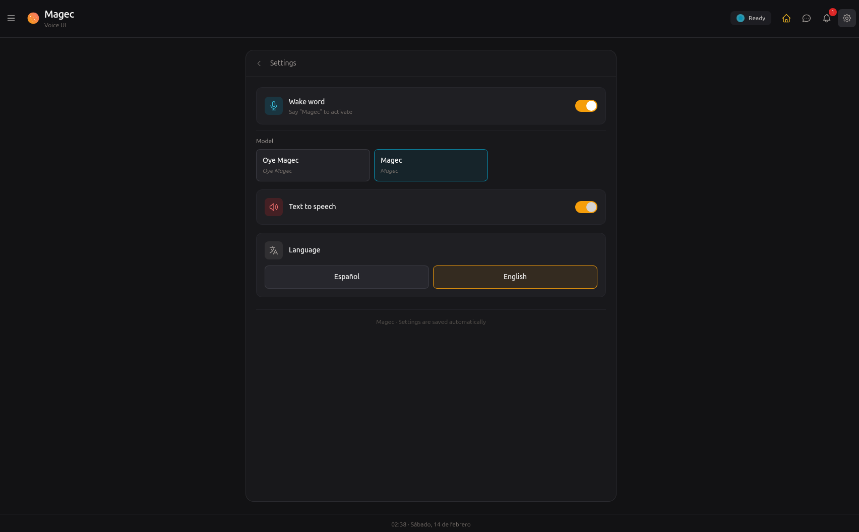 Voice UI — Settings
